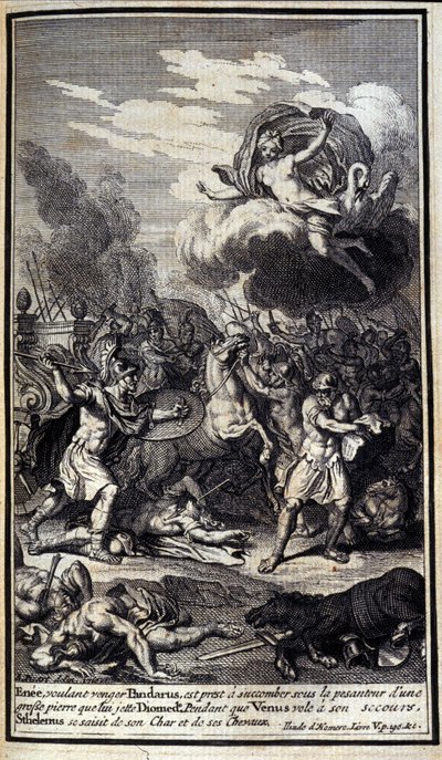 Eneas, der Pandaros rächen will, ist bereit, unter dem Gewicht eines großen Steins zu erliegen, den Diomedes wirft. Venus fliegt zu seiner Rettung (Illustration aus Buch V der Ilias von Homer) von Unknown artist