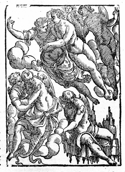 Eole (unten rechts) und Winde. „Mythologiae sive explicationes fabularum“ von Natalis Comitis. Padua 1677. von Unknown artist