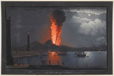 Ausbruch des Vesuvs. Nachtszene, mit einer Gruppe von Figuren, die den Ausbruch des Vesuvs von der gegenüberliegenden Seite der Bucht von Neapel betrachten, Leuchtturm links, Schiffe segeln rechts und Stadt und Vulkan im Hintergrund; im Rahmen von Unknown artist