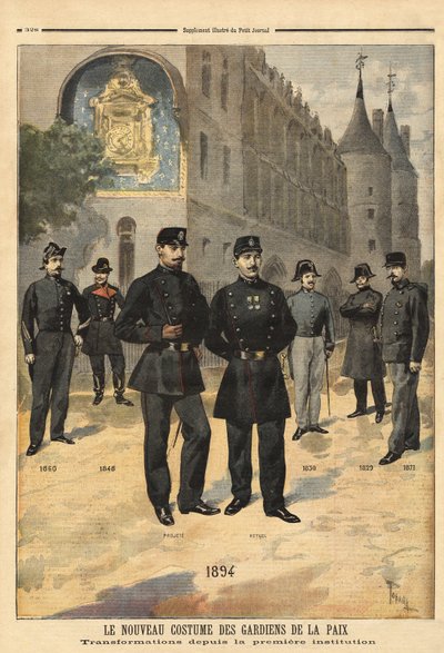 Entwicklung der Uniformen der Friedenswächter (oder Stadtsoldaten) von 1860 bis 1894, vor dem Uhrturm der Concierge, Paris. Gravur in „Le petit journal“ 09/1894. Selvas Sammlung. von Unknown artist