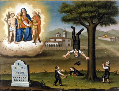 Sturz eines Baumes. Oben links die Madonna zwischen San Sebastian und San Roch. Ex voto von 1870 von Unknown artist