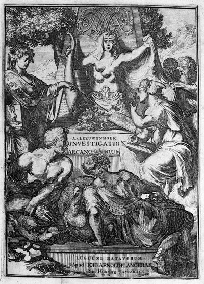 Falscher Titel des Werks „Investigatio Arcanorum“ des niederländischen Händlers und Gelehrten Antoine van Leeuwenhoek (oder Leeuvenhoek Leeuwenhoeck) (oder Antoni oder Anthonie) (1632-1723) 1722 von Unknown artist