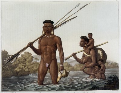 Familie der Botocudos-Indianer kehrt von der Jagd zurück und überquert den Fluss Rio Grande nach Belmonte in Paraguay. In „Das alte und moderne Kostüm“ 1818-1820, von Ferrario von Unknown artist