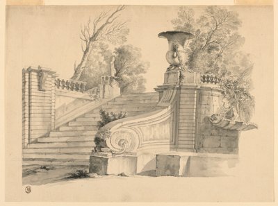 Fantasie. Eine Treppe in einem Park, in Ruinen. von Unknown artist
