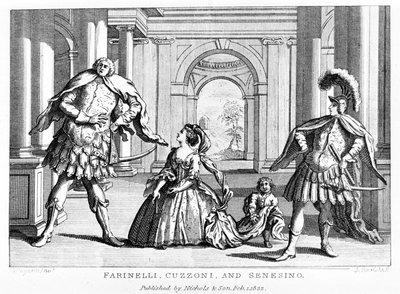 Farinelli (Carlo Broschi, genannt; 1705 - 1782) mit der Sopranistin Cuzzoni und dem Kastraten Francesco Bernardo Senesino (1680 - 1750) in der Oper von Georg Friedrich Händel von Unknown artist