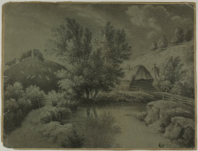 Bauernhof mit Teich im Vordergrund, Kühe weiden auf dem Hügel von Unknown artist