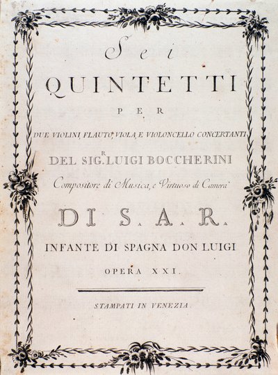 Erste Seite der Partitur von „Sei quintetti per due violini flauto viola e violoncello“ von Luigi Boccherini von Unknown artist