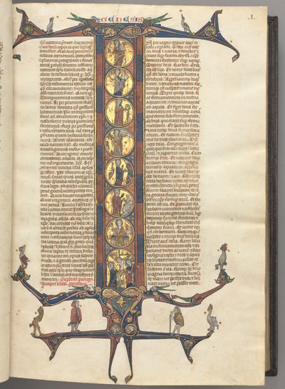 Fol. 1r, Genesis, mit einer ganzseitigen historisierten Initiale I, die die Schöpfung und die Kreuzigung zeigt, alles auf polierten Goldgründen, mit rosa und blauen Rahmen und gezackten Drachen- und Laubverlängerungen oben und unten, auf denen eine Vari von Unknown artist