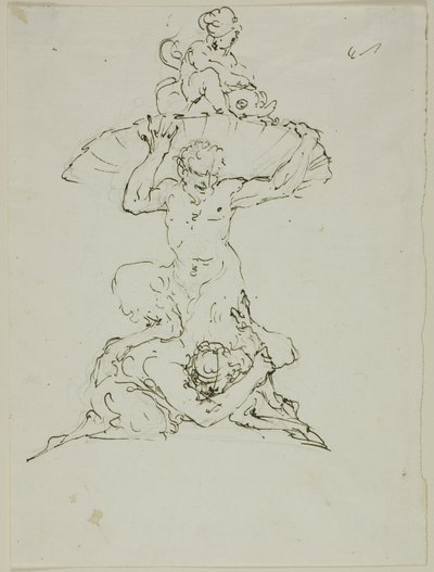 Brunnen mit Satyr und Putto (recto); Punchinello (verso) von Unknown artist