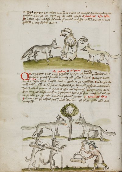 Fuchs und Wolf vor einem Löwen; Zwei Wölfe unter einem Baum ziehen Getreideballen; Ein Bauer bündelt Getreidegarben von Unknown artist