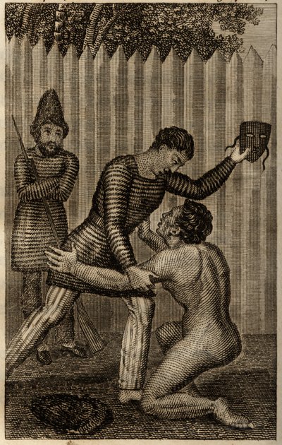 Freitag wird in die Arme von Robinson Crusoe geworfen, Gravur eingefügt in „Les aventures de Robinson Crusoe“ von Daniel Defoe von Unknown artist