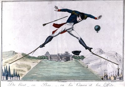 Von oben nach unten... oder Ursachen und Wirkungen. Karikatur über die Abdankung Napoleons I. in Fontainebleau nach dem Spanischen Krieg und dem Rückzug aus Russland. 1814. Mailand von Unknown artist