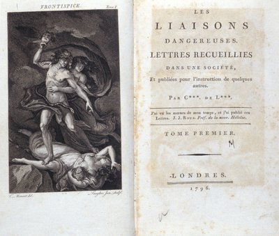Frontispiz und Titelseite des Buches „Les Liaisons dangereuses“ von Choderlos de Laclos, London. von Unknown artist