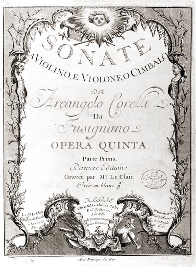 Frontispiz von 12 Sonaten für Violine, Bass und Cembalo von Arcangelo Corelli. Französische Version. von Unknown artist