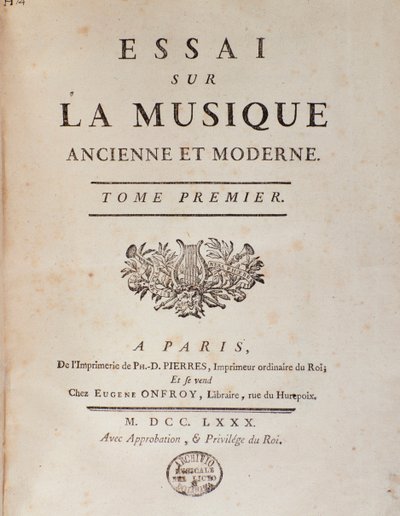 Frontispiz von „Essay sur la musique ancienne et moderne“ von Jean Benjamin de Laborde (Jean-Benjamin de La Borde) (1734-1794) 1780 Bologna, civico museo musicale von Unknown artist