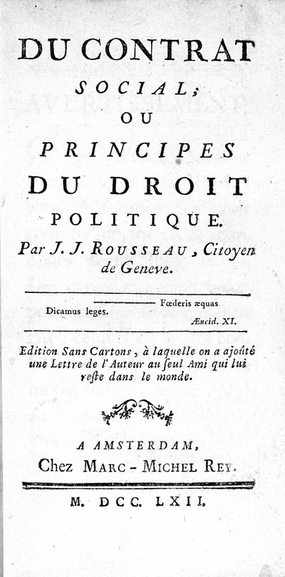 Frontispiz des Gesellschaftsvertrags oder Prinzipien des politischen Rechts von Jean Jacques Rousseau (1712-1778), gedruckt in Amsterdam im Jahr 1762 von Unknown artist