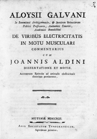 Frontispiz von „De Viribus Electricitatis in Motu Musculari Commentarius“. Eine Abhandlung über die Zirkulation von Elektrizität in den Muskeln von Tieren, von Luigi Galvani, italienischer Physiker von Unknown artist