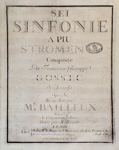 Frontispiz der Partitur für Sei sinfonie a piu strumenti op. 5 (erste Symphonie) von Francois Joseph Gossec von Unknown artist