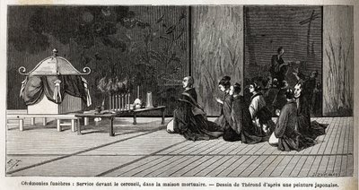 Beerdigungszeremonien: religiöser Dienst vor dem Sarg im Leichenhaus. Gravur zur Illustration der Reise nach Japan 1863-1864, von Aimé Humbert, Minister der Schweizerischen Eidgenossenschaft, in „Le tour du monde, nouveau journal des voyages“ von Unknown artist
