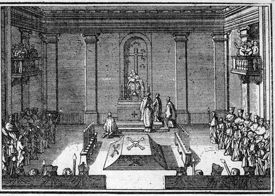 Beerdigung eines Papstes im 18. Jahrhundert: die Zeremonie der Obsequien. Gravur in „Geschichte der Religionen“ von Unknown artist