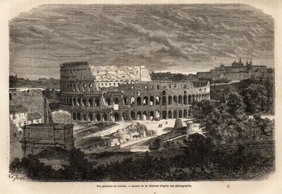 Gesamtansicht des Kolosseums in Rom, flavisches Amphitheater, das im Jahr 80 unter der Herrschaft von Kaiser Titus fertiggestellt wurde, bis zu 75.000 Menschen fassend, blieb es bis zum 6. Jahrhundert in Betrieb, Symbol des imperialen Roms, östlich des Röm von Unknown artist