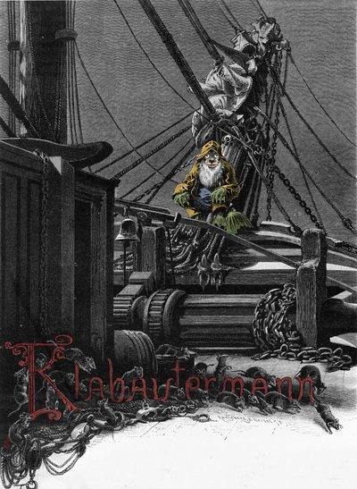 Germanische Mythologie: Darstellung eines Klabautermanns auf dem Deck eines Schiffes, ein elfischer Beschützer der Schiffe auf See. Gravur des 19. Jahrhunderts von Unknown artist