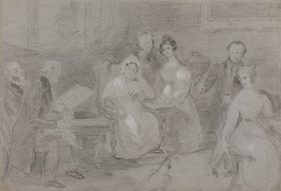 Gruppe von Figuren, mit einem Mann, der Aquarelle malt, und einem Mädchen, das Teetassen reicht von Unknown artist