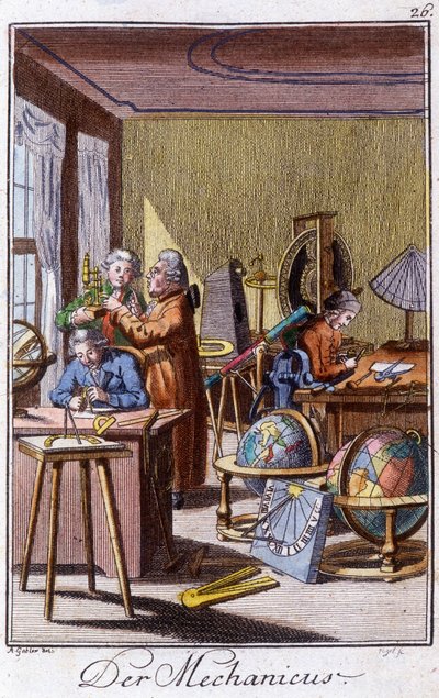 Handwerk: der Mechaniker mit Präzisionsinstrumenten in seiner Werkstatt. In „Umfassende Beschreibung der Künste und Handwerke und Werkstätten für junge Leute“ von Johan Peter Vue. Hrsg. Nürnberg, Weigel und Schneider von Unknown artist