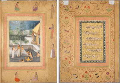 Harem-Nachtbadeszene (recto): Kalligraphie eingerahmt von einem ornamentalen Blumen- und Vogelrand (verso) von Unknown artist
