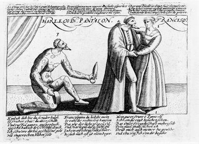 Harlekin betrogen. Serie von Gravuren eines Stücks, das in Frankreich gegen Ende des 16. Jahrhunderts zum Thema der Liebesunglücke von Harlekin und Franceschina gespielt wurde. von Unknown artist