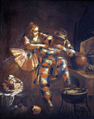 Harlekin Vielfraß. Er versucht immer, etwas zu essen zu fangen, Symbol des Elends vergangener Jahrhunderte. Malerei 18. Jahrhundert. Mailand von Unknown artist