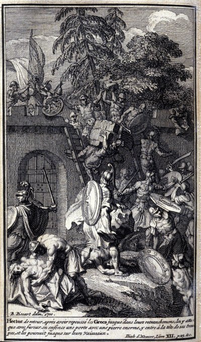 Hektor, zurück nach dem Zurückdrängen der Griechen, greift sie mit Wut an (Illustration aus Buch XII der Ilias von Homer) von Unknown artist