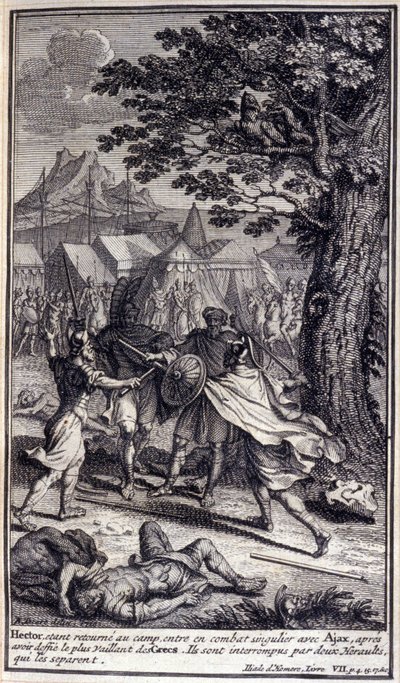 Hektor, zurück im Lager, tritt in einen Einzelkampf mit Ajax, nachdem er die tapfersten Griechen herausgefordert hat. Sie werden von zwei Herolden unterbrochen, die sie trennen. Illustration für Buch VII der Ilias von Homer, französische Ausgabe von Unknown artist