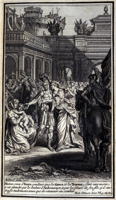 Hektor, der nach Troja kam, während die Griechen und Trojaner in ihren Händen waren, wurde von der Trauer Andromaches und dem Weinen seines Sohnes, den er zärtlich küsste, bevor er in die Schlacht zurückkehrte, betrübt. Illustration aus Buch VI der Ilias v von Unknown artist