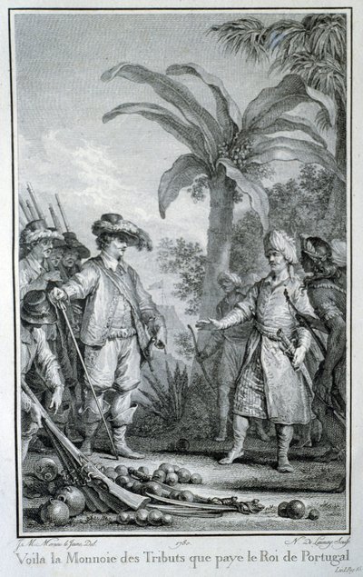 Hier ist die Währung der Tribute, die der König von Portugal zahlt: Handel der Portugiesen in den Kolonien - in „Histoire philosophique et politique des établissements et du commerce des européens dans les deux Indes“ von Guillaume Thomas Raynal, ed. Pelle von Unknown artist