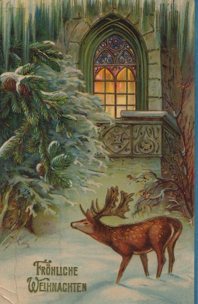 Historische Weihnachtskarte mit Wintermotiv mit Hirsch und Kirche von Unknown artist
