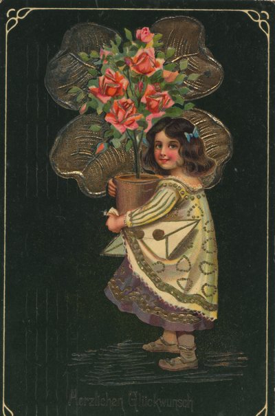 Historische Grußkarte mit einem Kind und einer großen Topfpflanze, Rose von Unknown artist
