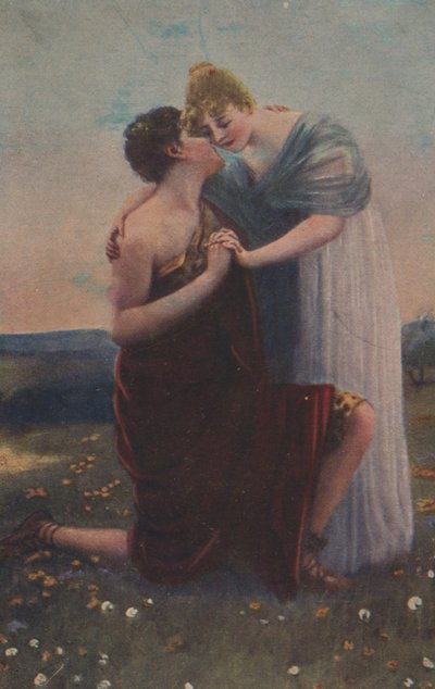 Historische Grußkarte mit historischem Motiv, Frau und Krieger des Mittelalters von Unknown artist