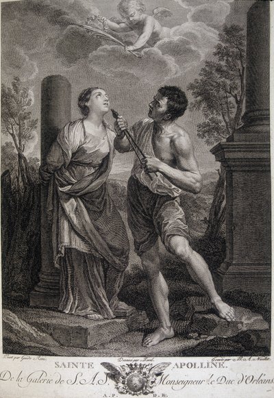 Die heilige Apollonia während der Verfolgungen, ihr werden die Zähne gebrochen, weil sie sich weigerte, den römischen Göttern zu huldigen. Gravur aus dem 17. Jahrhundert. von Unknown artist