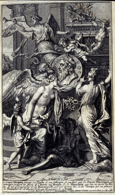 Homers Genie, der seine Ilias und seine Odyssee hält und von heroischer Poesie geführt wird, wird trotz der Bemühungen des Neids in den Tempel der Erinnerung eingeführt, der seine Türen öffnet. Er wird von der Berühmtheit begleitet, die vor ihm fliegt, und von Unknown artist