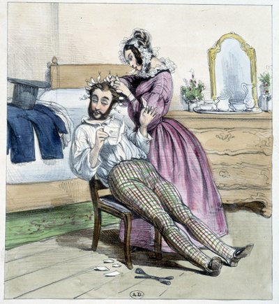 Humorvolle Zeichnung über die Untreue eines Dandys mit dem Brief seiner Verlobten - Zeichnung von Unknown artist
