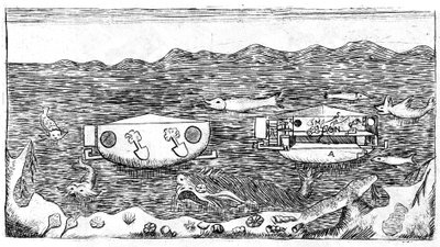 Illustration des späten 18. Jahrhunderts, wie man unter Wasser navigiert in „Nuovo trattato sulla vera rettificazione del circolo misurato esattmente con il diametro, utile alla trigonometria... Con una dissertazione sul modo di navigare sott