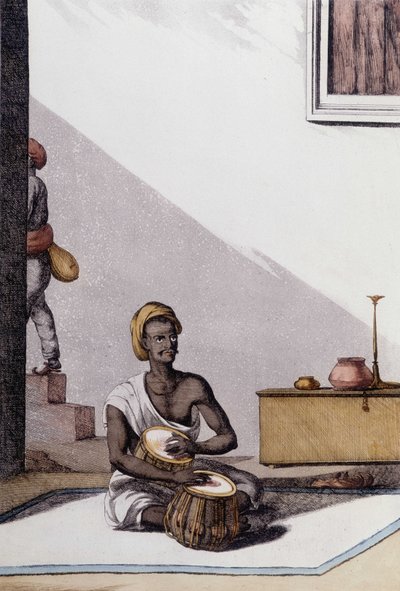 Indische Kultur und Zivilisation: Musiker spielt Tablas, traditionelles Musikinstrument, Indien. Gravur von 1808. von Unknown artist