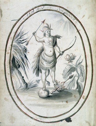 Indianer von Kanada mit seinem Bogen und Pfeilen - Frontispiz des Manuskripts „Dialogue or Interview of a French with a Savage“ von Unknown artist