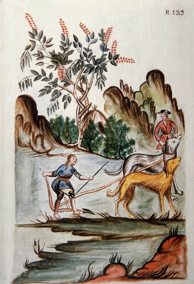 Indianer pflügen ein Feld mit Hunden, aus dem Buch „Trujillo del Peru“ oder „Códice Martínez Compañón“, von Baltazar Martínez Compañón y Bujanda, Bischof von Trujillo (1782-1785) von Unknown artist