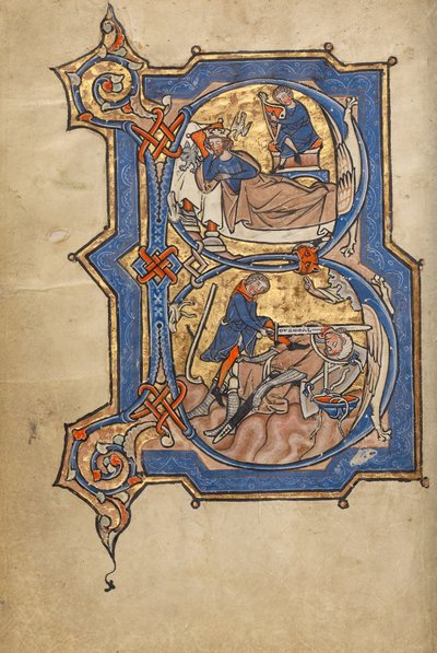 Initiale B: David spielt die Harfe für Saul und David und Goliath von Unknown artist