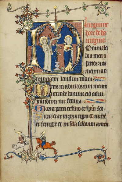 Initiale D: Die Verkündigung; Initiale D: Ein junger Mann betet zu Christus in den Wolken von Unknown artist