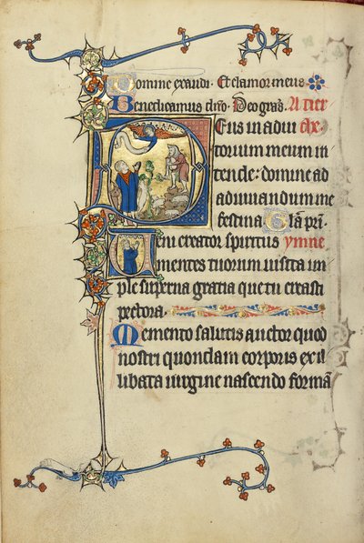 Initiale D: Die Verkündigung an die Hirten; Initiale V: Ein Mann im Gebet von Unknown artist
