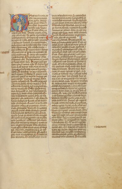 Initiale O: Das Opfer eines Lammes und ein Mann, der mit einem Jagdbogen zeigt von Unknown artist