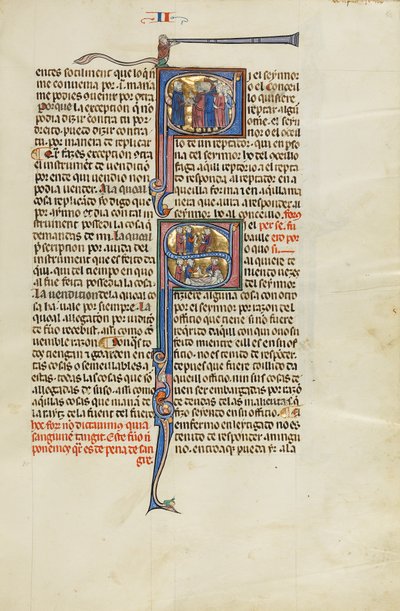 Initiale S: Ein Anwalt vor einer Gruppe von Männern; Initiale S: Ein Anwalt mit Mandanten vor einem Richter und ein Richter, Anwalt und Mandanten am Krankenbett eines Mannes von Unknown artist